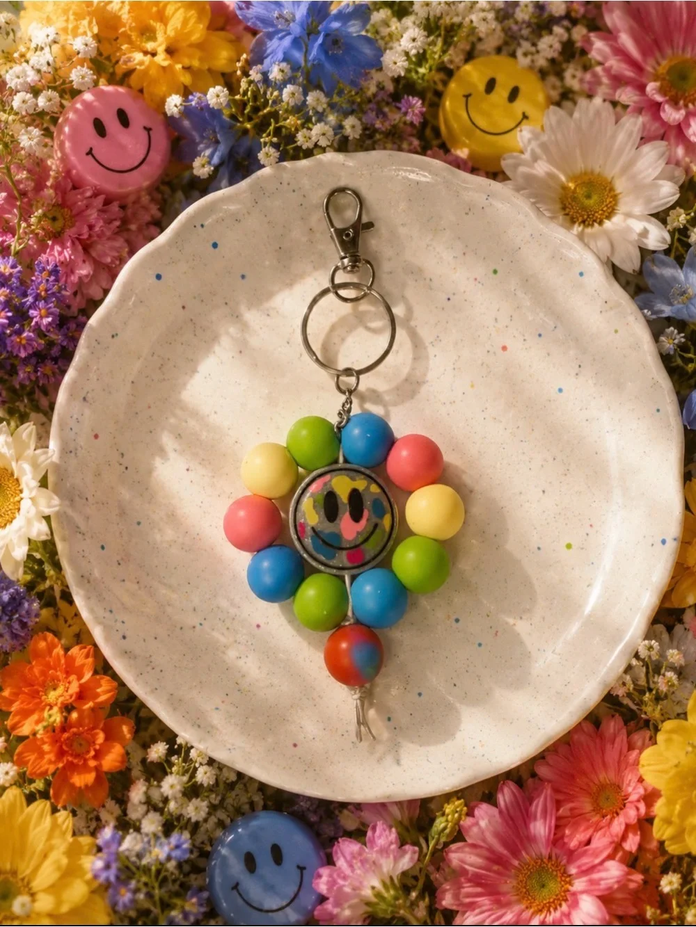 Handmade Colorful Smiley Flower Bead Keychain - Multicolor